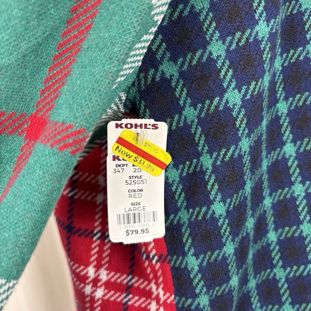 Lands' End Sweater Cotton Sz L 14-16 Red Green Open Cardigan Pockets Christmas - Picture 3 of 7